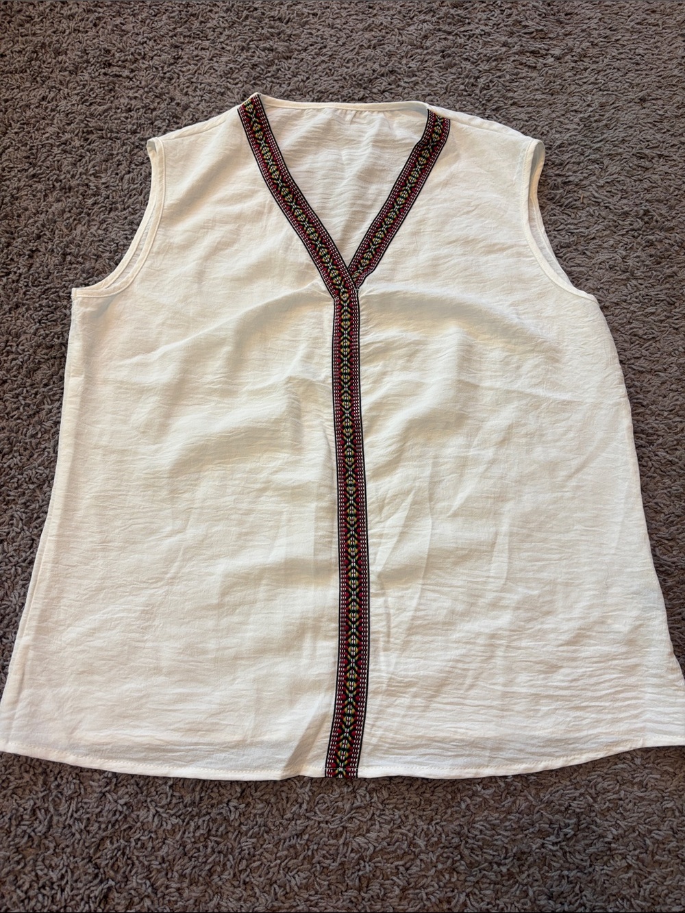 Sleeveless Cream V-Neck Tank with Embroidered Trim